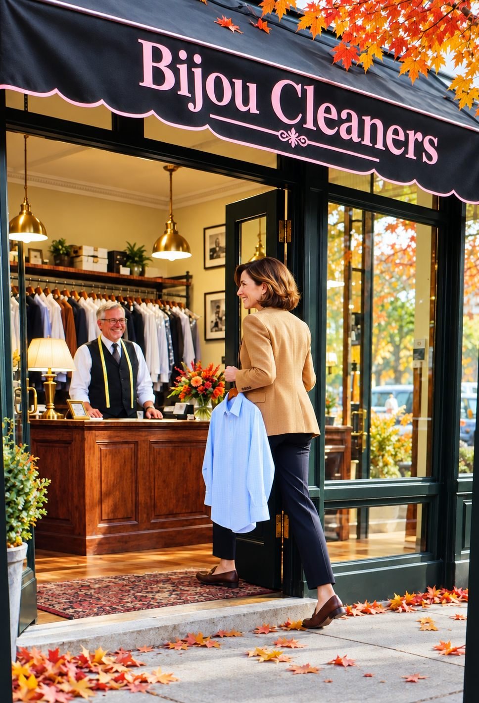 A customer carrying a shirt walks into Bijou Cleaners under its black and pink awning while a smiling tailor waits at the counter