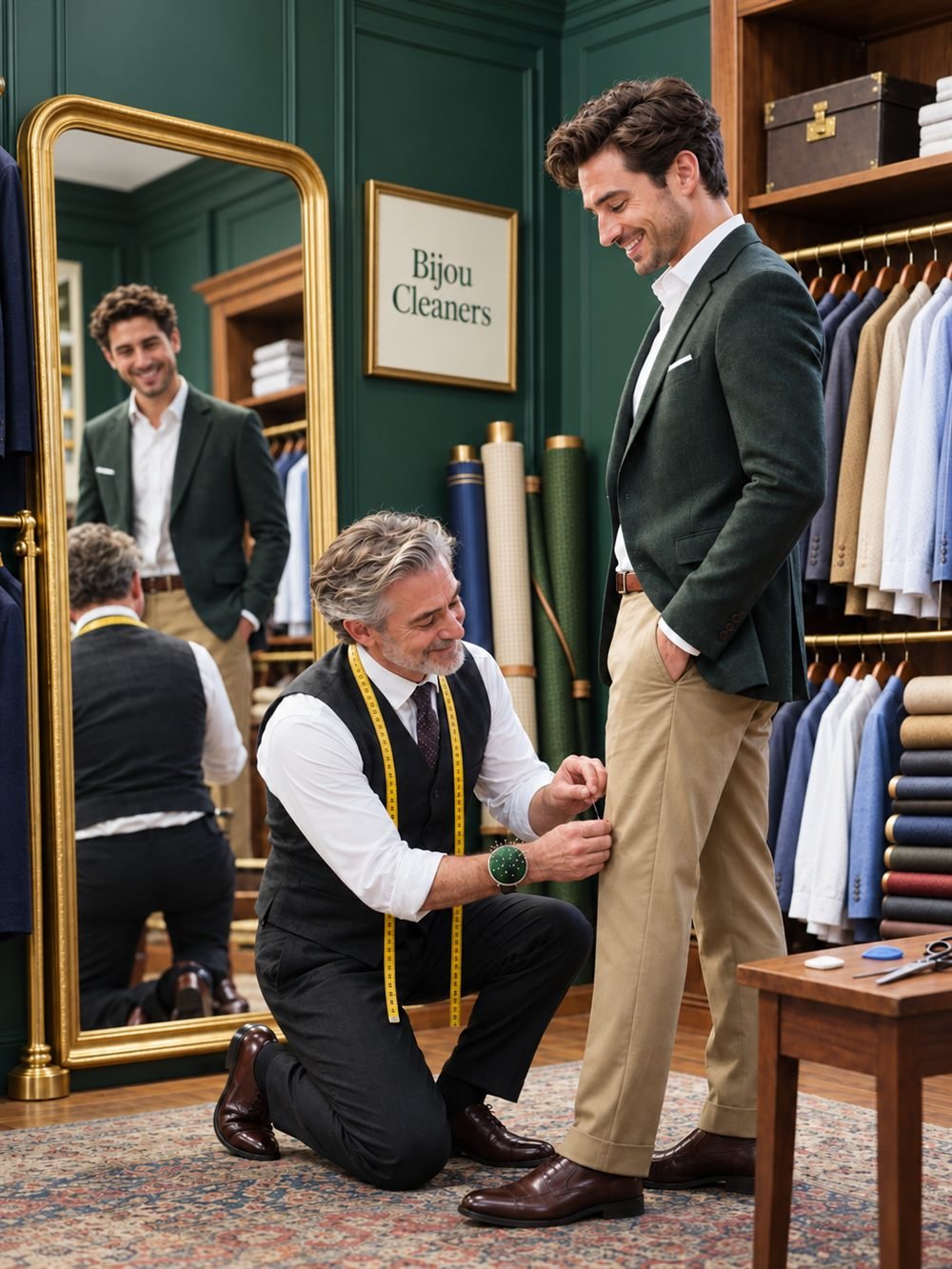 A Bijou tailor kneeling to pin the hem of a smiling customer's trousers in the fitting room
